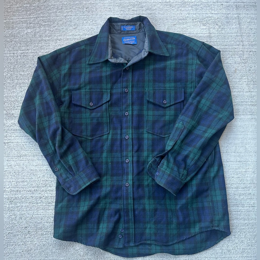 Vintage 90’s 100% Wool Green/Blue/Black Plaid Pendleton Button Down Shirt Size L
